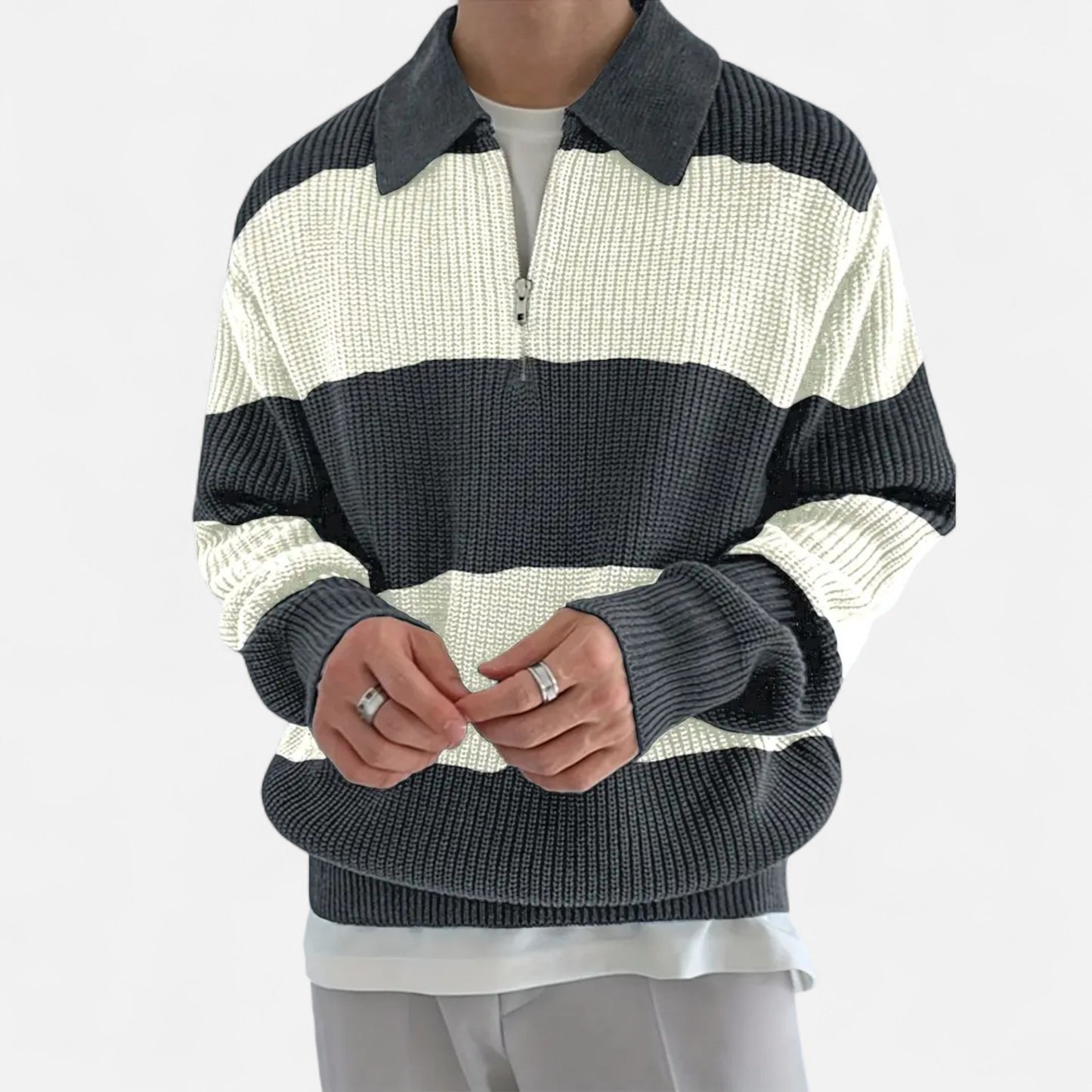 Donlois | Men’s Sweater – Preppy Striped Zip-Up Elegance