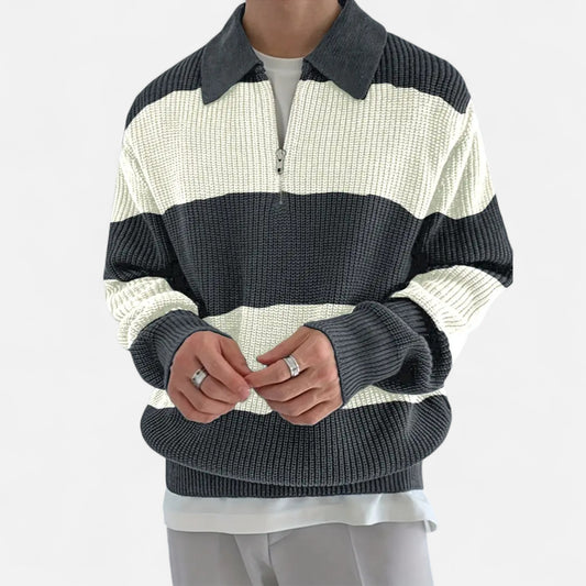 Donlois | Men’s Sweater – Preppy Striped Zip-Up Elegance
